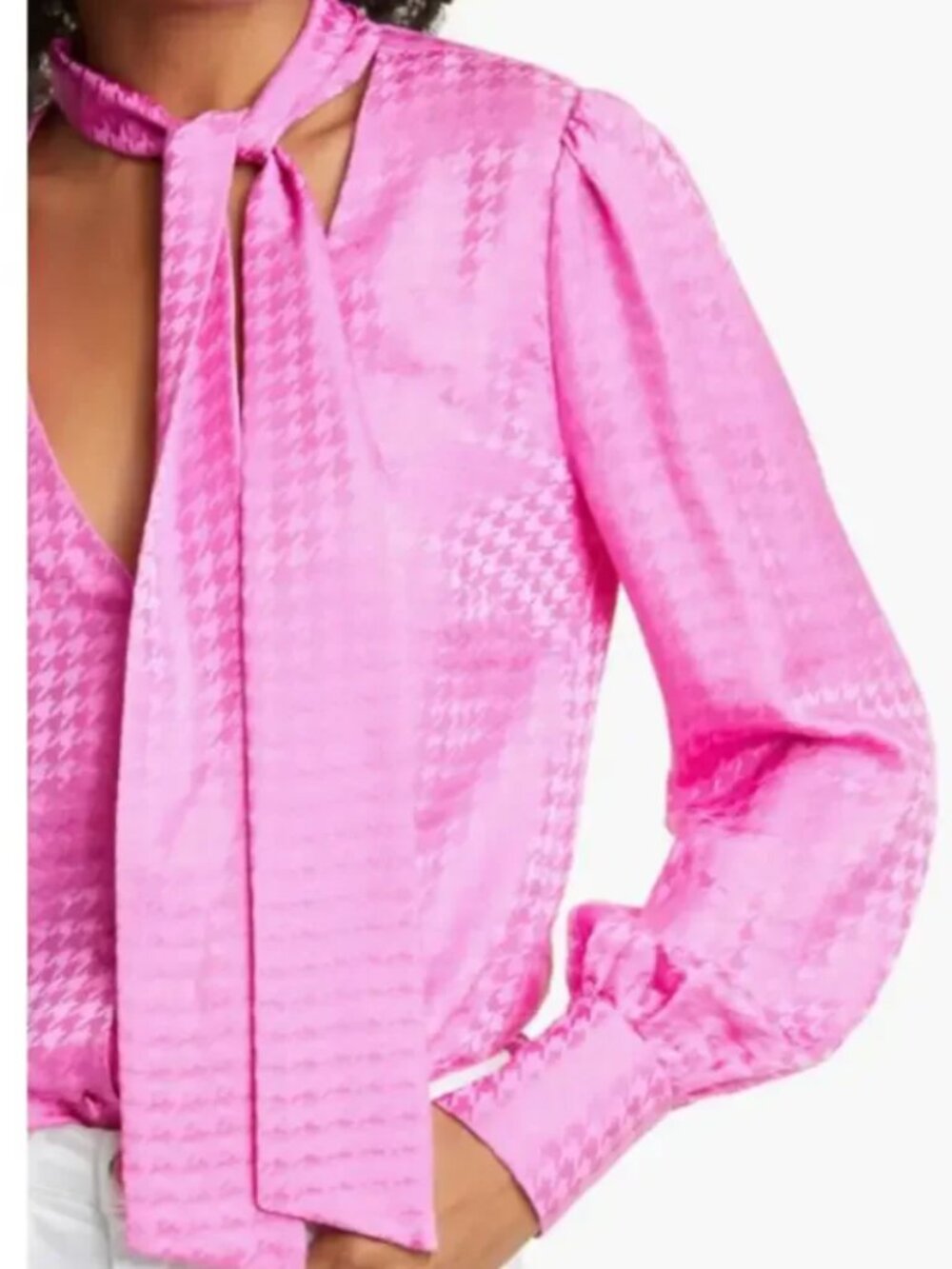 Veronica Beard Nicky Silk Houndstooth Jacquard Tie Neck Blouse Pink - Size 12